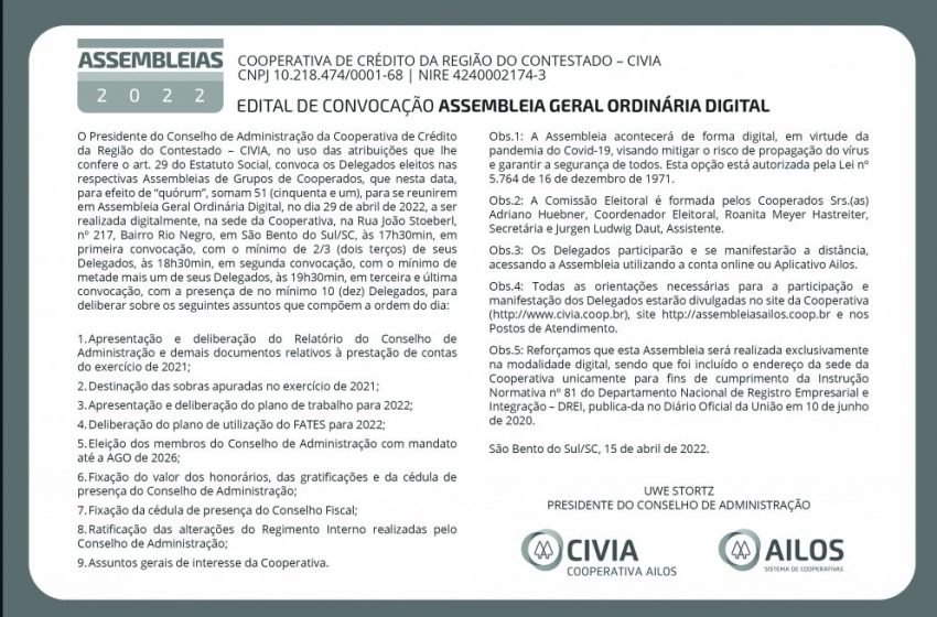  CIVIA – Cooperativa de Crédito da Região do Contestado CONVOCA