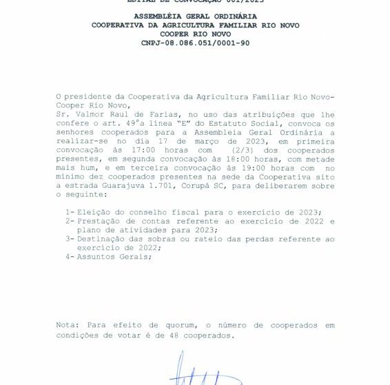  Coper- Coperativa da Agricultura Familiar Rio Novo convoca seus Associados para Assembleia Geral Ordinária