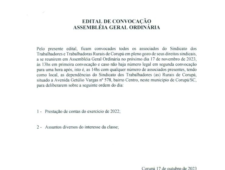  Sindicato Rural de Corupá convoca seus Associados para apresentar a Prestação de Contas do Exercício 2022