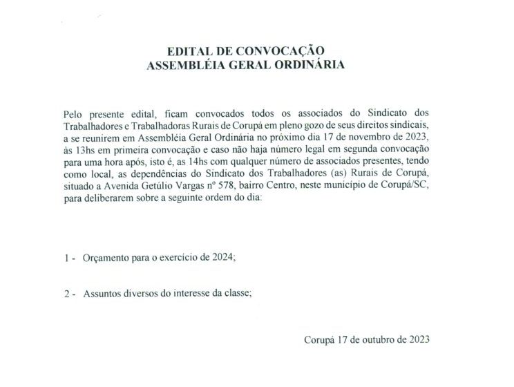  Sindicato Rural de Corupá convoca seus Associados para apresentar seu Orçamento para 2024